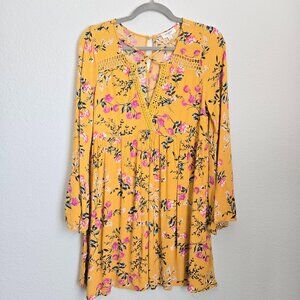 Umgee Country Floral Long Sleeve Strappy Keyhole Neckline Swing Dress Size S